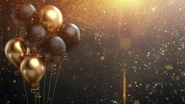 background for greeting card with balloons and confetti with video effects lens flayer lights and particles. 