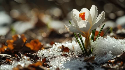 Fotobehang beautiful white spring crocus with dew drops in the morning sun, wonderful spring time, banner © Dmitriy