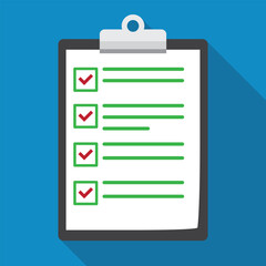 Clipboard with checklist in flat design, vector illustration on blue background.