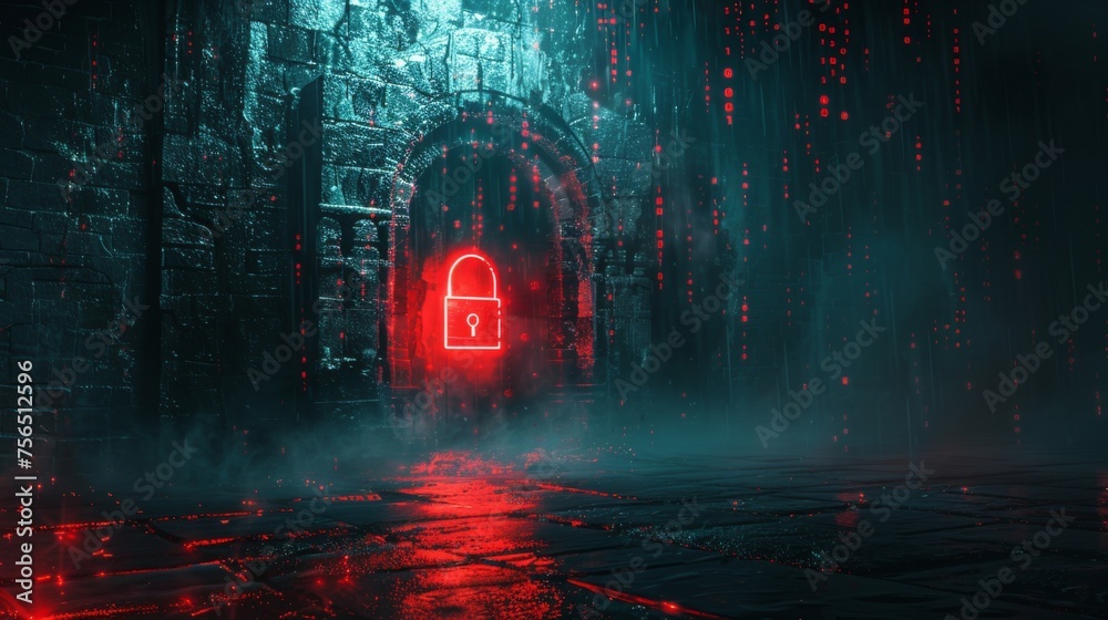 Fototapete a glowing cyber security lock symbol stands out in a neon red hue against the backdrop of a dark, go
