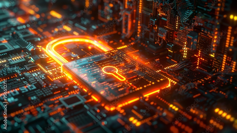 Fototapete a highly detailed image of a metallic padlock symbol overlaying a glowing digital screen, filled wit
