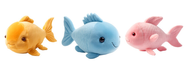 A Cartoon 3D Illustration of a Set of Colorful Fish Stuffed Animal Toy, Isolated on Transparent Background, PNG