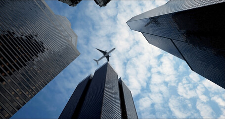 Bottom view of a passenger long-haul aircraft liner flying over skyscrapers in the business center of a large city. Reflections of the plane in the windows of buildings on a sunny day. Travel concept. - obrazy, fototapety, plakaty