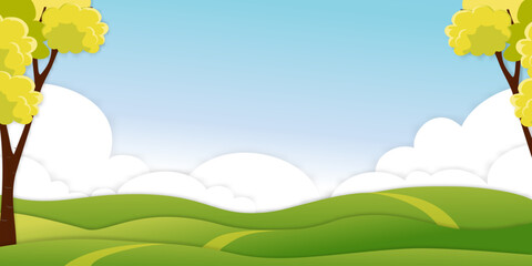 Paper cut Spring green field landscape with mountain,cloud layer on blue sky background,Panorama digital craft style Summer rural nature with green grass land.Cartoon vector illustration
