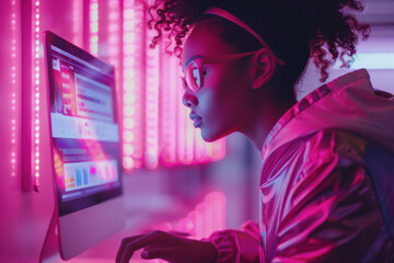 futuristic online shopping technology, females wear visual with pink neon backlights, buying online. - obrazy, fototapety, plakaty
