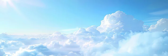 Poster Beautiful sky with white clouds on a clear blue background. Soft clouds drift in the sky. A sky landscape with fluffy white clouds. Clouds banner. © Planetz