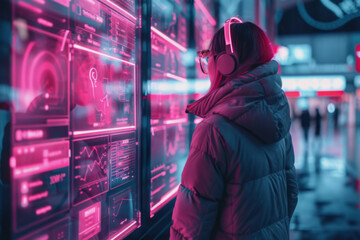Obraz premium futuristic online shopping technology, females wear visual with pink neon backlights, buying online.
