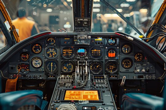 Detailed cockpit view showcasing airplane instruments and calibration tools