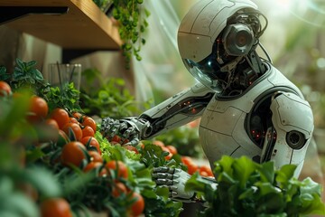 A robot with an articulated arm delicately handling various fresh vegetables in an indoor urban farming environment, showcasing the intersection of agriculture and advanced robotics