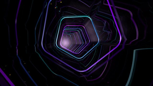 particles flying inside a futuristic black tunnel with a pentagonal structure with purple lights