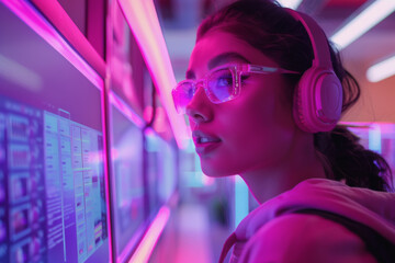 futuristic online shopping technology, females wear visual with pink neon backlights, buying online.
