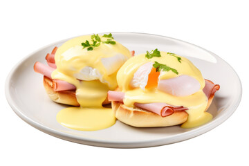 Eggs Benedict Muffin bread topped with hollandaise sauce, poached eggs and ham served on a white plate. Isolated on a transparent background.