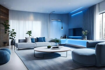 urban living space with floor-to-ceiling windows and bathed in the soft blue light