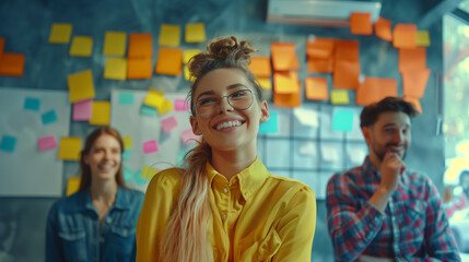 20s white woman with a yellow shirt and long hair  smiling at the camera., surrounded by colorful sticky notes on a wall, working on a creative agency , team work at background 
