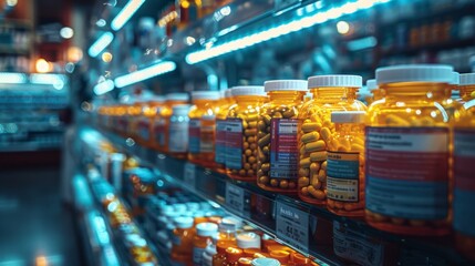 Pharmacy shelf, showcasing an array of orange bottles filled with various pills under bright, cool-toned lights, highlighting the modern and clean atmosphere of the pharmacy.