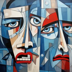 Cubist artwork depicting complex human emotions through abstract faces