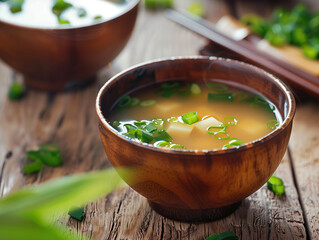 Miso soup in traditional wooden bowl. Japanese food. Generative AI