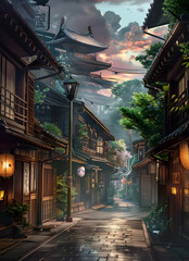 A charming atmosphere on a narrow street with buildings and trees, under a cloudy sky. The world is...