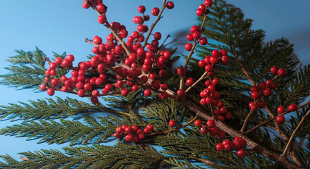 Branch of red berries on evergreen branches on cyan background close up