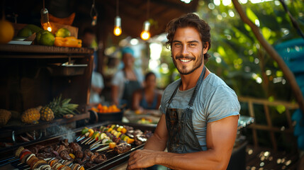 latin handsome man cooking a barbecue in his backyard, wearing an apron, looking and smiling at the camera, in the background his family out of focus