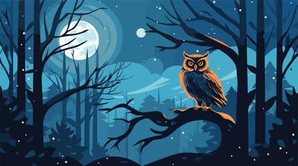 A wise owl perched on a tree branch surrounded  - obrazy, fototapety, plakaty