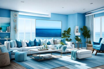 coastal living room bathed in the blue light