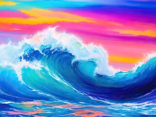 Abstract ocean wave and colorful sky background. style of oil painting.