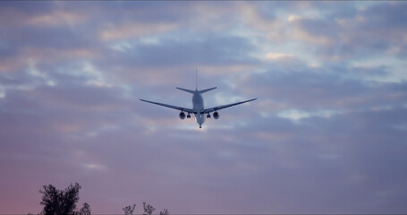 Large airliner with passengers on purple sky is landing at airport of bright sunset on sunny summer day. Go Everywhere.