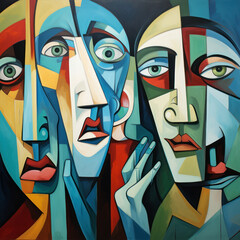 Abstract cubist painting capturing introspective figures in vivid hues