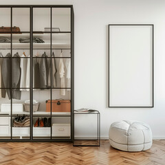 Minimalist Walk-In Closet with Poster Mockup. Sleek wardrobe in spacious walk-in closet, featuring a clean poster frame mockup.