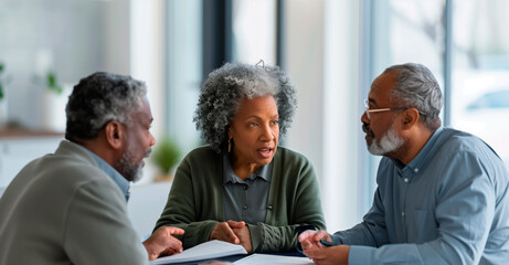 Senior Couple Consults with Financial Advisor. A focused discussion between a senior couple and their advisor, possibly regarding important financial planning, wills, or insurance. - obrazy, fototapety, plakaty