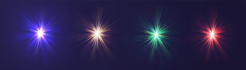 Crystal star. Crystal ray light, sun shines rainbow red yellow and blue color. Optical fire light effect. Vector lens glare leakage glare reflection effect. sunlight sparkle shine. Sunbeam - obrazy, fototapety, plakaty