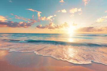 Golden Hour Beach Brilliance. Sun rays cascade over a vast beach, waves gently kiss the sand.