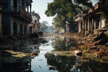 Fototapeta na wymiar Catastrophic flooding in a coastal city in India due to a sea level rise. Global warming consequences.