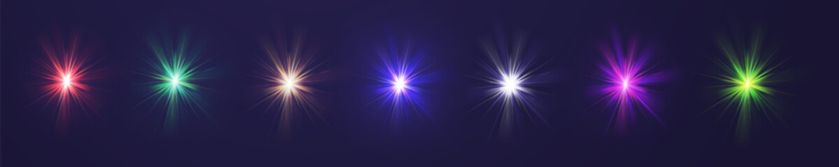 Crystal star. Crystal ray light, sun shines rainbow red yellow and blue color. Optical fire light effect. Vector lens glare leakage glare reflection effect. sunlight sparkle shine. Sunbeam - obrazy, fototapety, plakaty