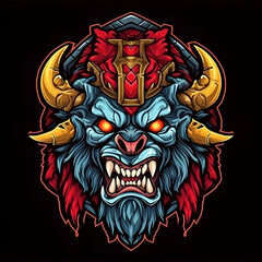 Fototapeta premium Strong Horned Ogre Chieftain Mascot. Scary Monster Illustration for T-shirt Design