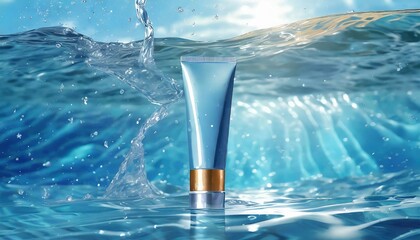 Submerged Elegance: Blank Cosmetic Tube in Clear Blue Water"