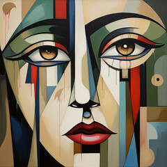 Vivid cubist painting featuring a complex, multicolored abstract face
