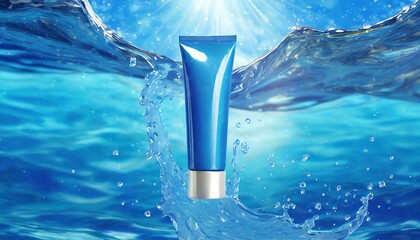 Submerged Elegance: Blank Cosmetic Tube in Clear Blue Water"