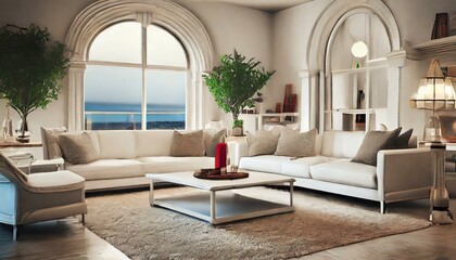 Naklejka premium Inviting Mediterranean Living: Cozy Interior with White Sofa and Stylish Accents