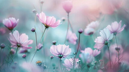 A field of cosmos flower, color from pink to lavender, with soft background.