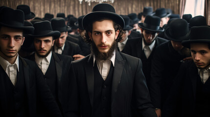 Young Hasidic men preparing for a wedding celebration