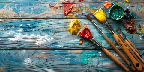 Overhead view of artists tools on a textured wooden backdrop creative workspace . Concept Art Supplies, Creative Workspace, Textured Backdrop, Overhead View, Wooden Surface