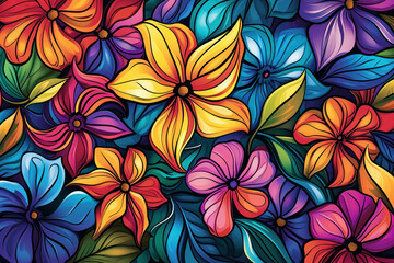 Vibrant red, yellow, and blue flowers in a colorful arrangement on a black background