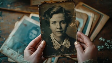 Grandmother holds old photo of her as young woman. Nostalgia for old days. Concept of memory and...