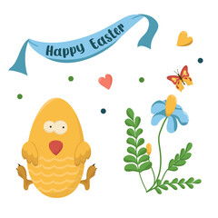 Vector color card with Easter chickens. Easter egg hunt invitation template on white background.