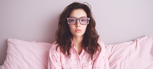 A sleepy young brunette woman sits in a photo studio against a gentle solid background in pajamas of a gentle pastel color. Early morning concept