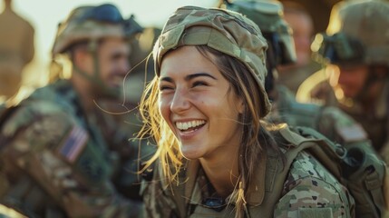 Female soldier enjoying laughter with comrades during a bright day - obrazy, fototapety, plakaty