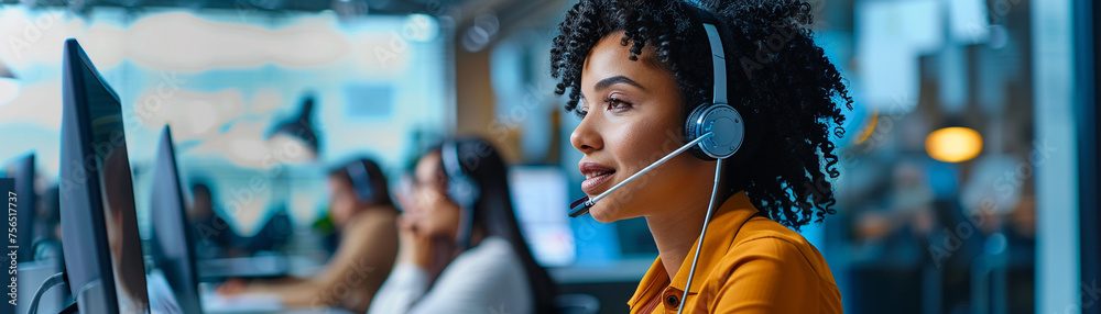 Wall mural a customer support representative with a headset sitting at a call center desk