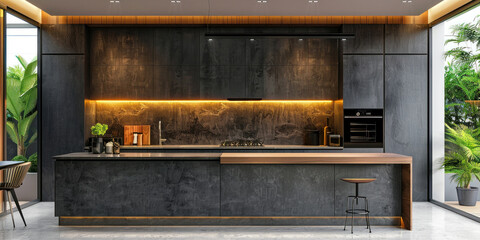 Luxurious contemporary kitchen featuring dark wood cabinets, spacious island with table and chairs